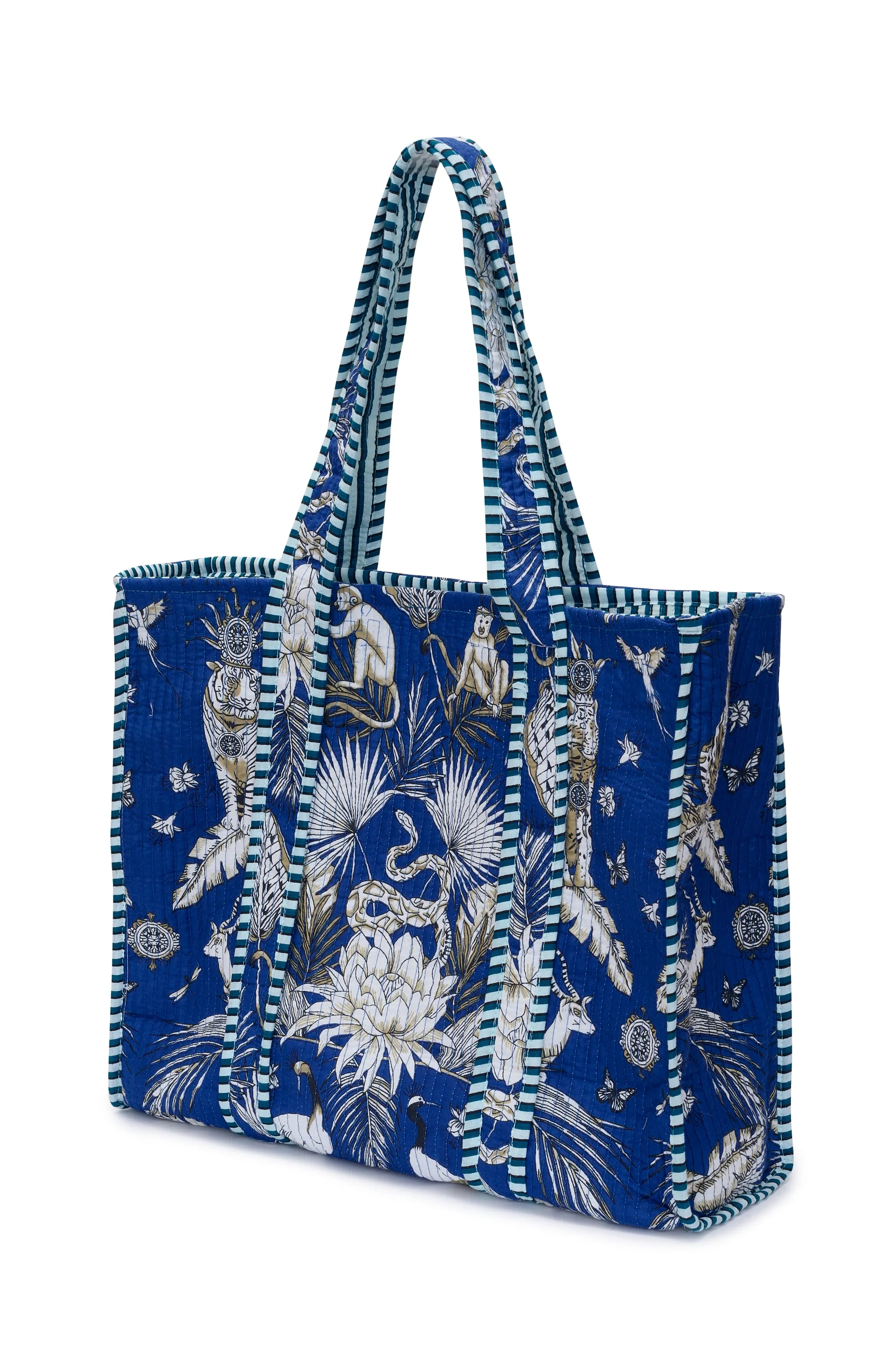 Cotton Tote Bag In Royal Blue Tropical