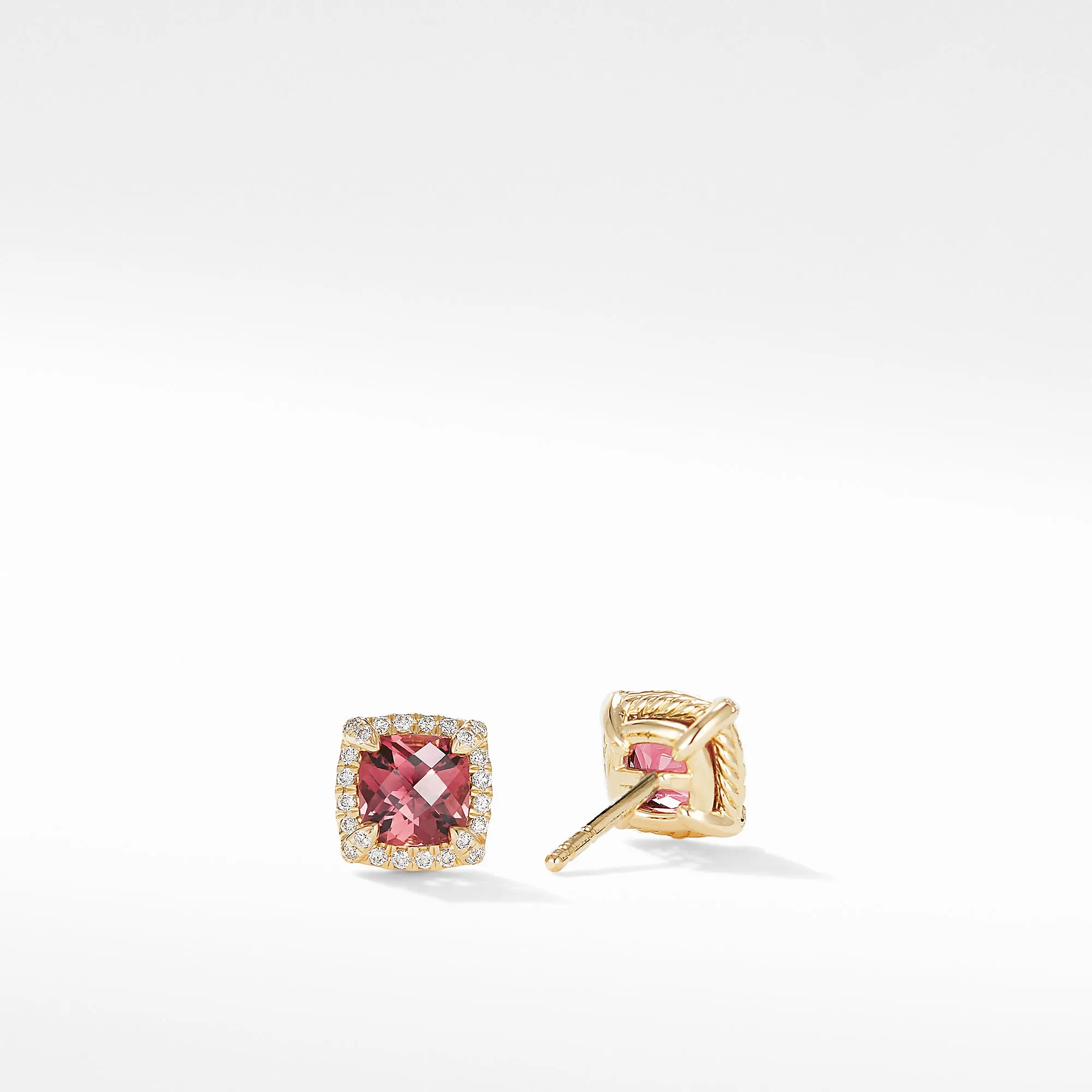 David Yurman Chatelaine Pave Bezel Stud Earrings in 18K Yellow Gold with Pink Tourmaline