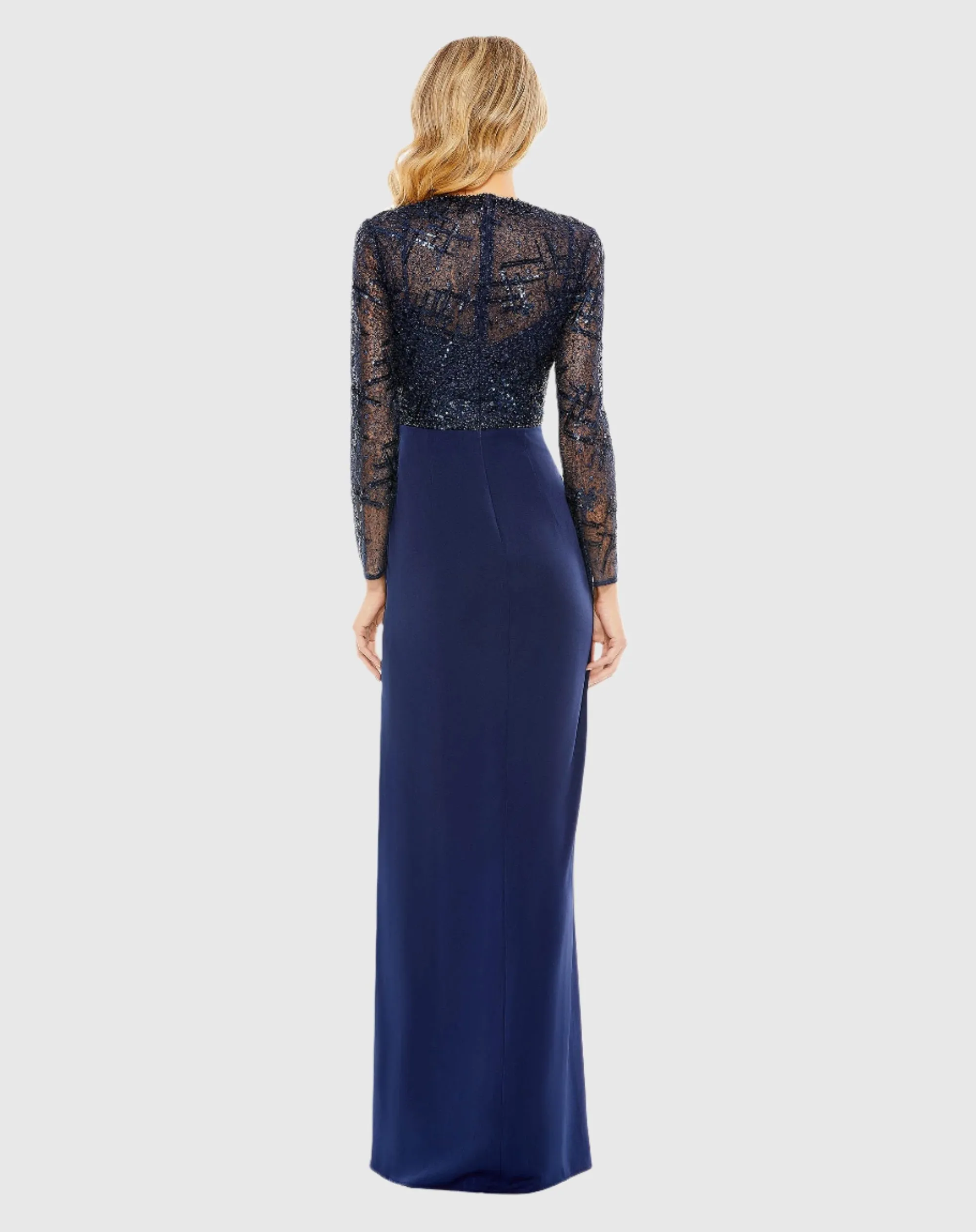 Embellished High Neck Bodice Faux Wrap Gown