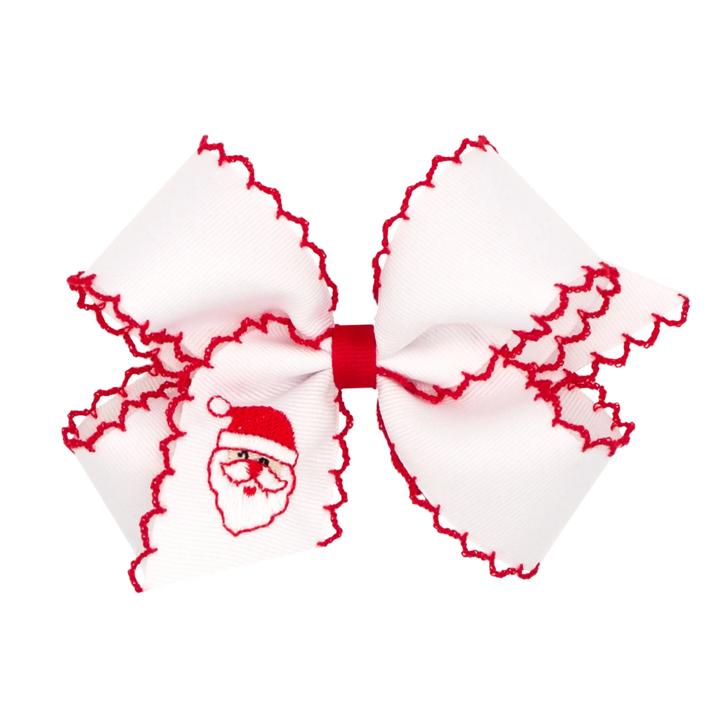 Embroidered Moonstitch Grosgrain Hair Bow on Clippie - Santa on White