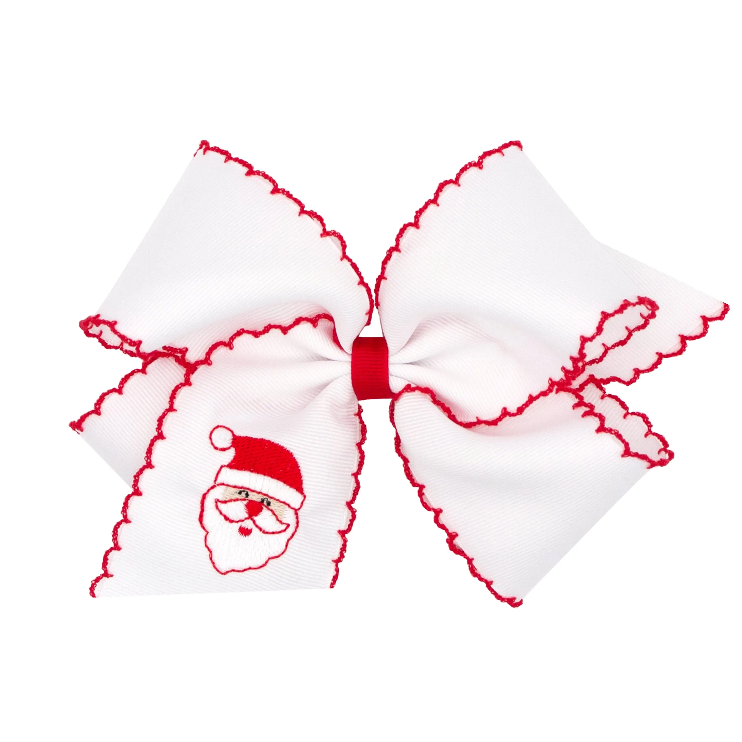 Embroidered Moonstitch Grosgrain Hair Bow on Clippie - Santa on White