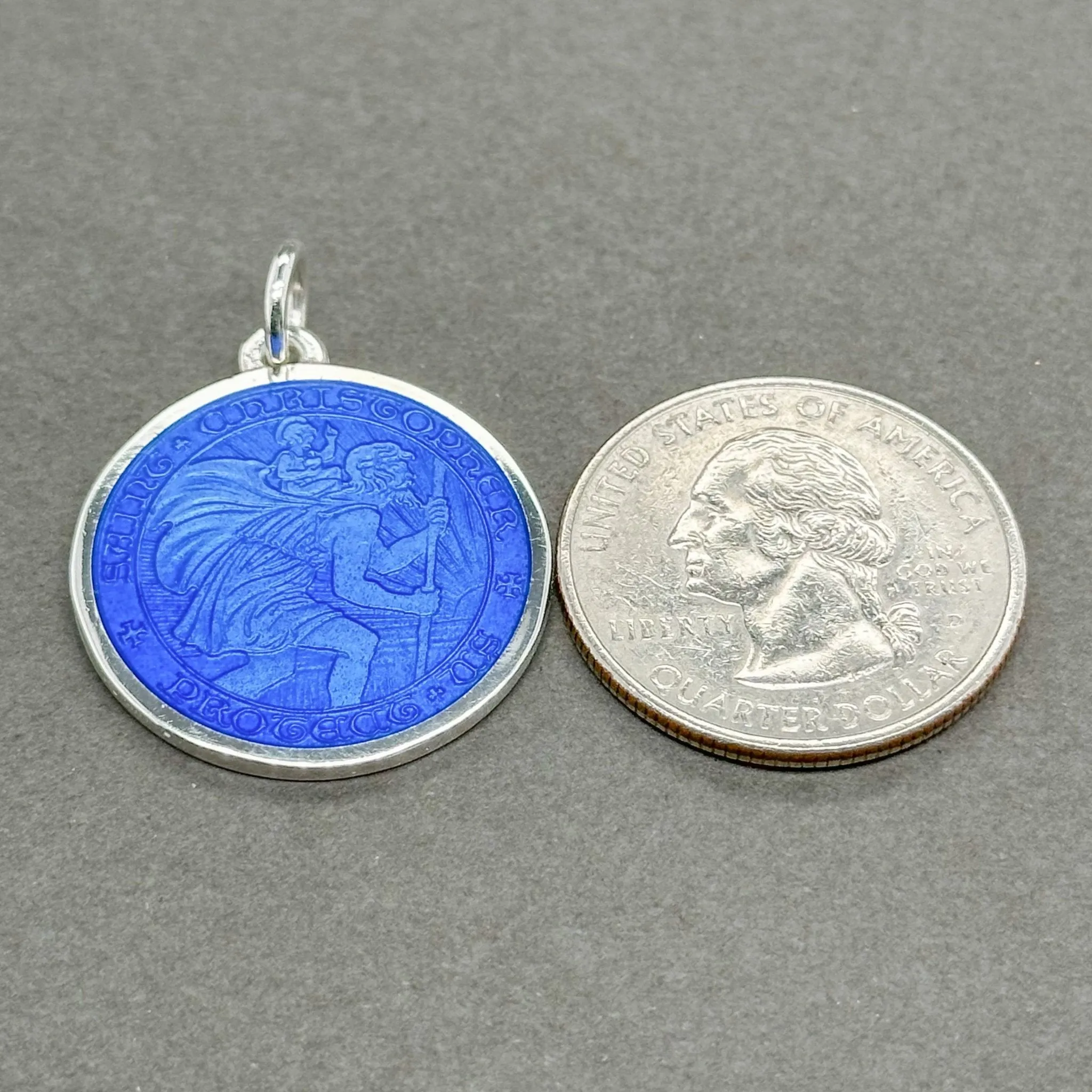 Estate SS Blue Enamel St. Christopher Medal Pendant