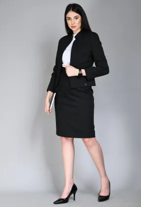 Exude Insight Striped Short Blazer Pencil Skirt Suit (Black)