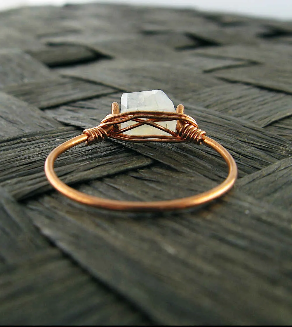 Faceted Rainbow Moonstone Stackable Rings, Copper Wire-Wrapped, Handmade