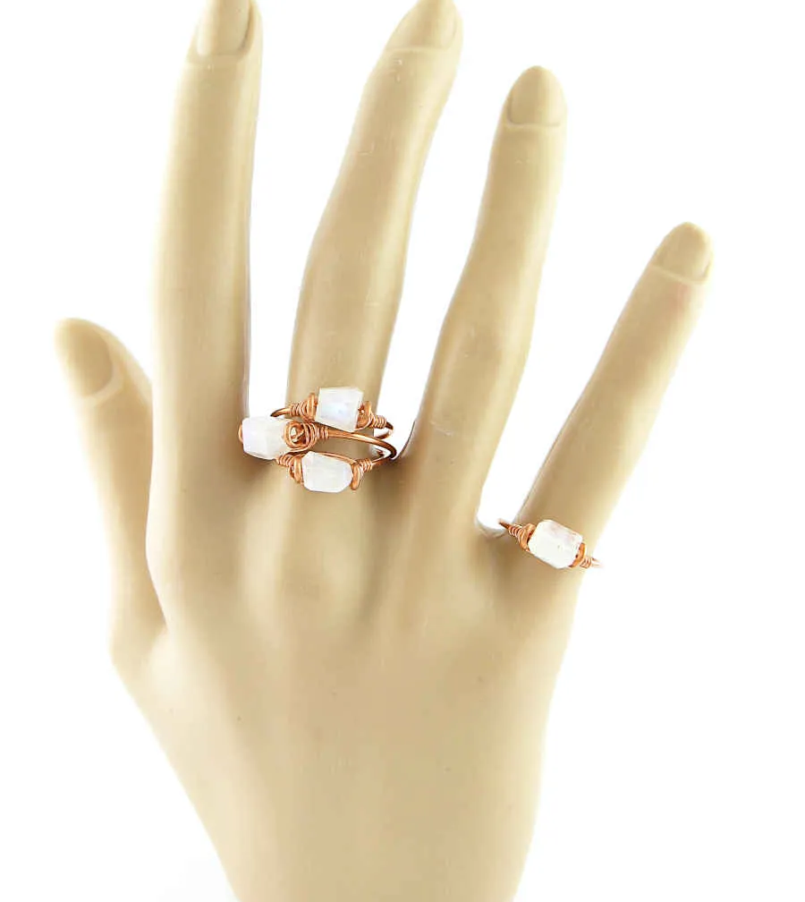 Faceted Rainbow Moonstone Stackable Rings, Copper Wire-Wrapped, Handmade