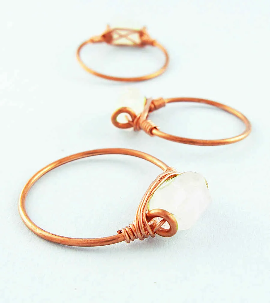 Faceted Rainbow Moonstone Stackable Rings, Copper Wire-Wrapped, Handmade