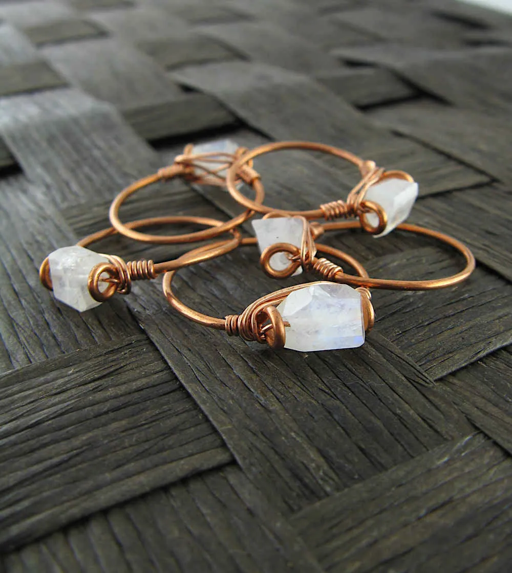 Faceted Rainbow Moonstone Stackable Rings, Copper Wire-Wrapped, Handmade