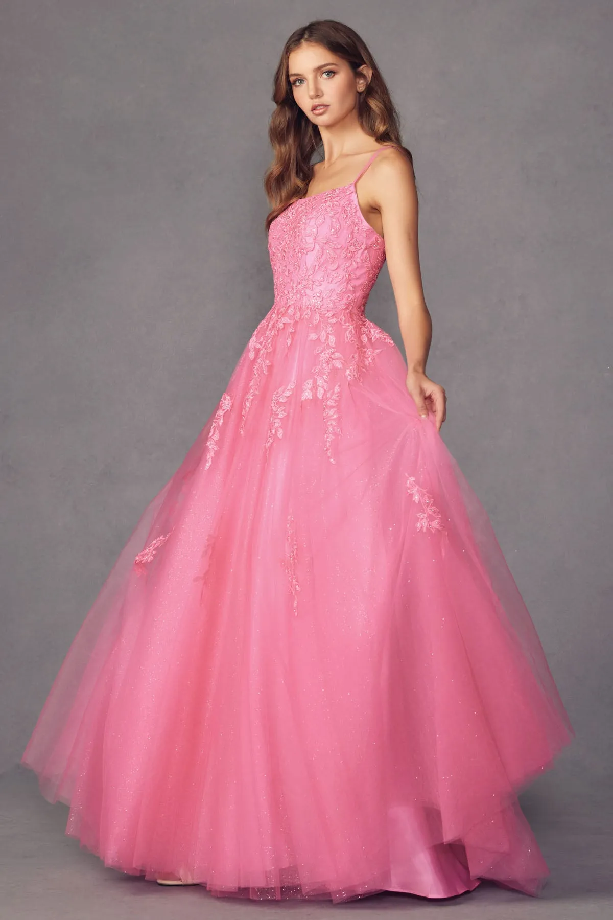 Floral applique tulle prom ball gown