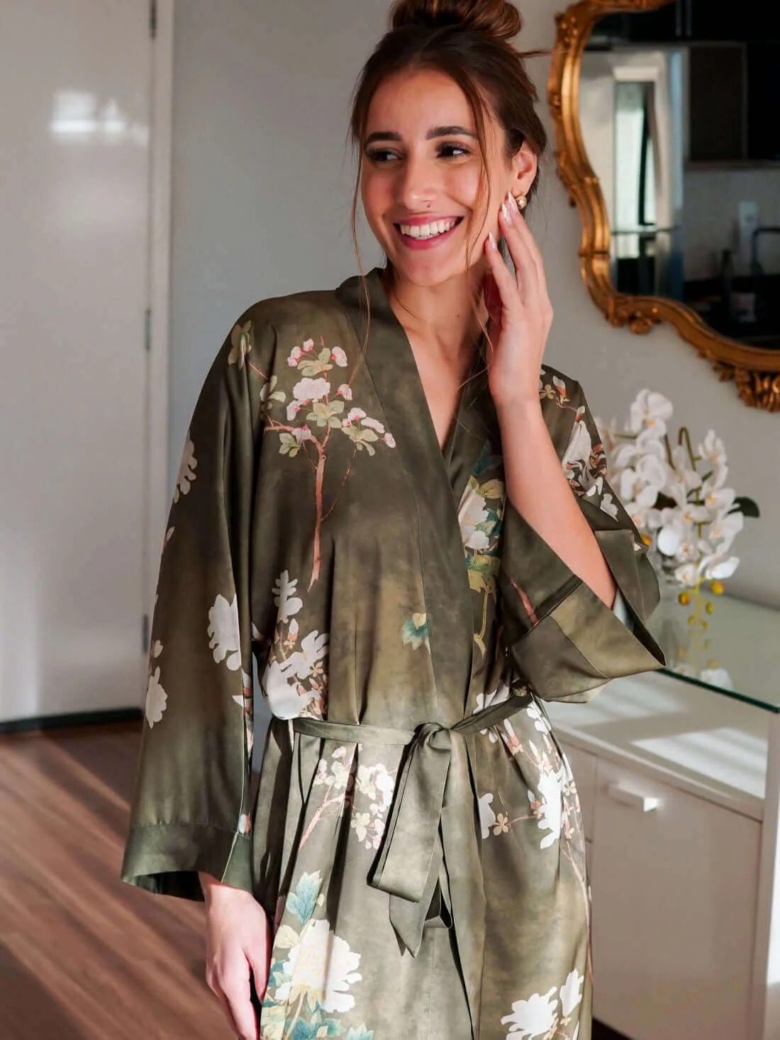 Floral Olive Kimono Robe