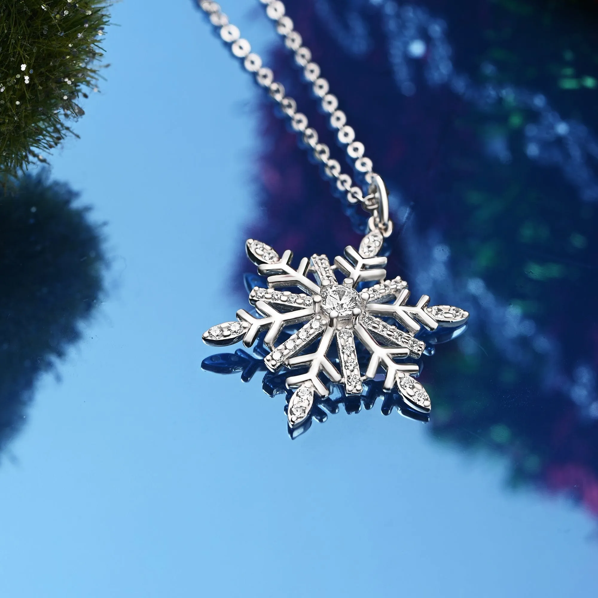 Frozen Winter CZ Snowflake Necklace Sterling Silver