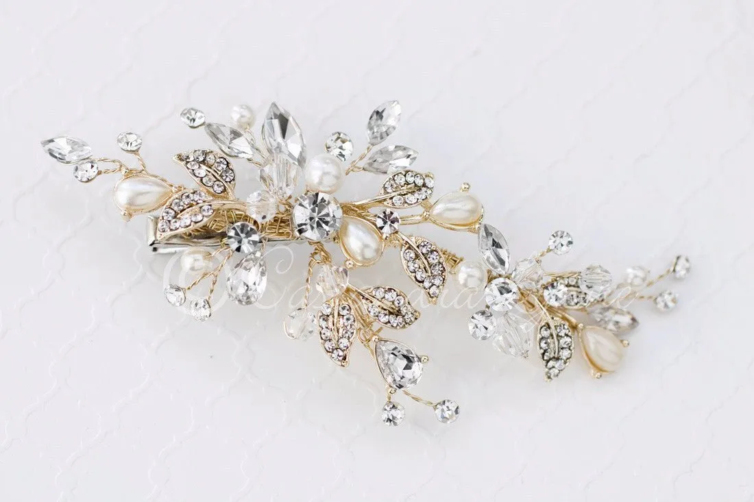 Gold Bridal Hair Clip of Teardrop Pearls Crystals and Rhinestones