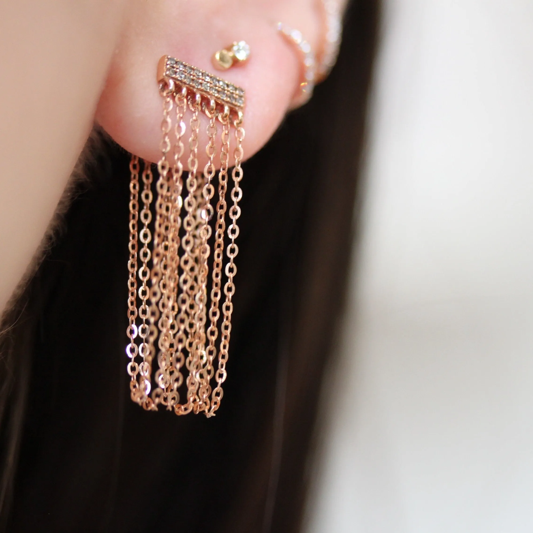 Gold Pave Diamond Bar & Chain Earrings