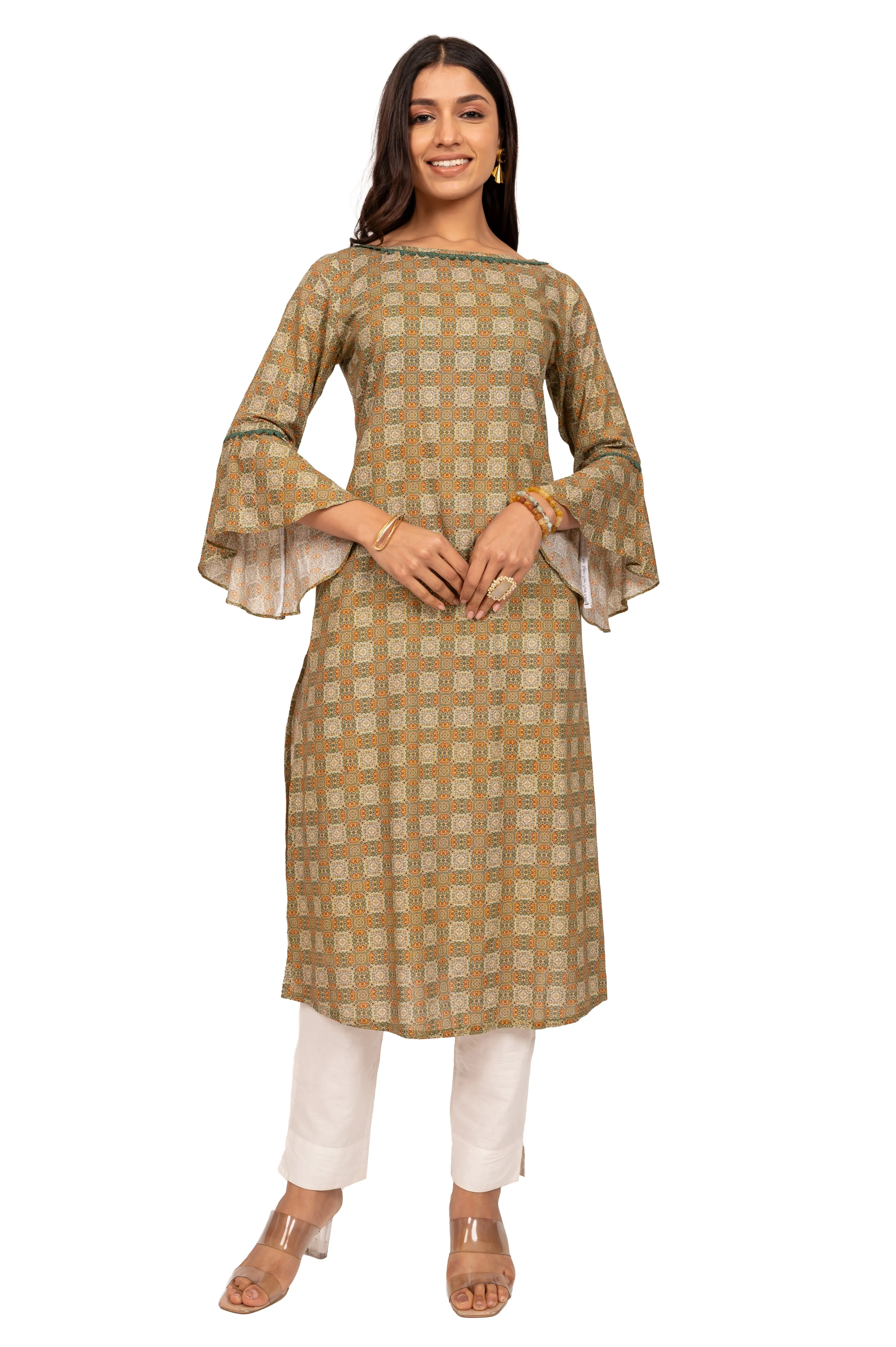 Green-Colored 3/4 Sleeves Cotton Kurta