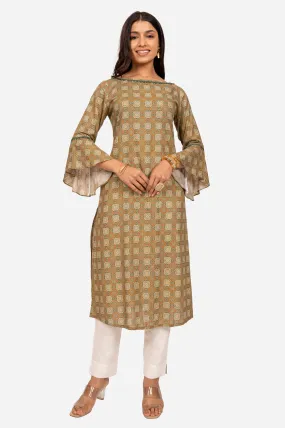 Green-Colored 3/4 Sleeves Cotton Kurta