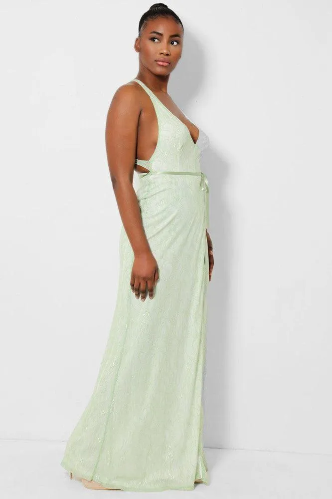 Green Delicate Lace Overlay Wrap Front Maxi Dress