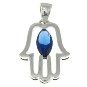 Hamsa Pendant with Dark Blue Gemstone Fatima hand   Sterling Silver Necklace