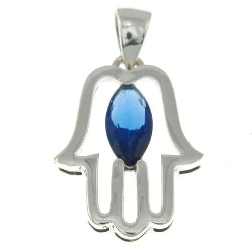 Hamsa Pendant with Dark Blue Gemstone Fatima hand   Sterling Silver Necklace