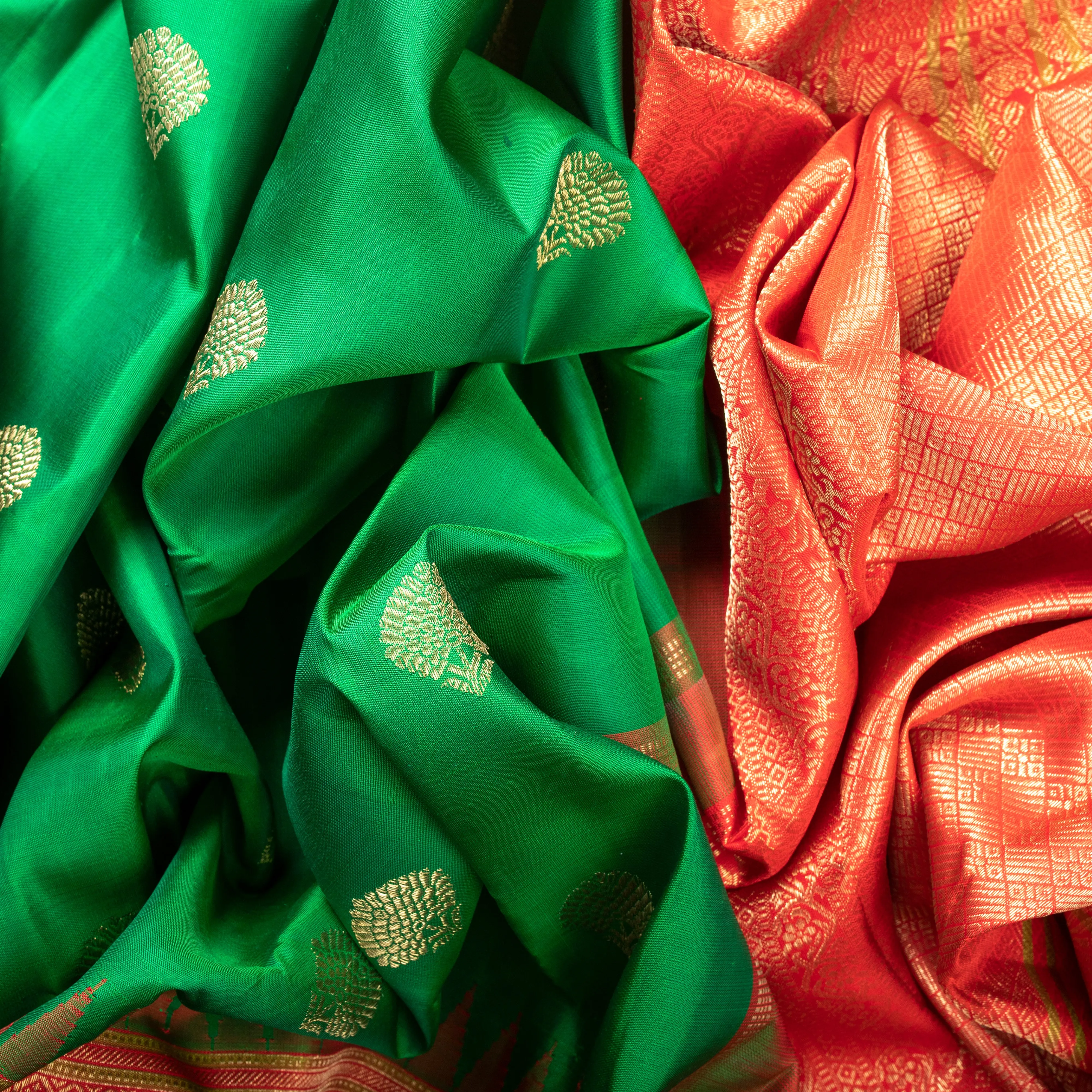 Handwoven Green with Red Kanjivaram Silk Saree - 573T001479DSC