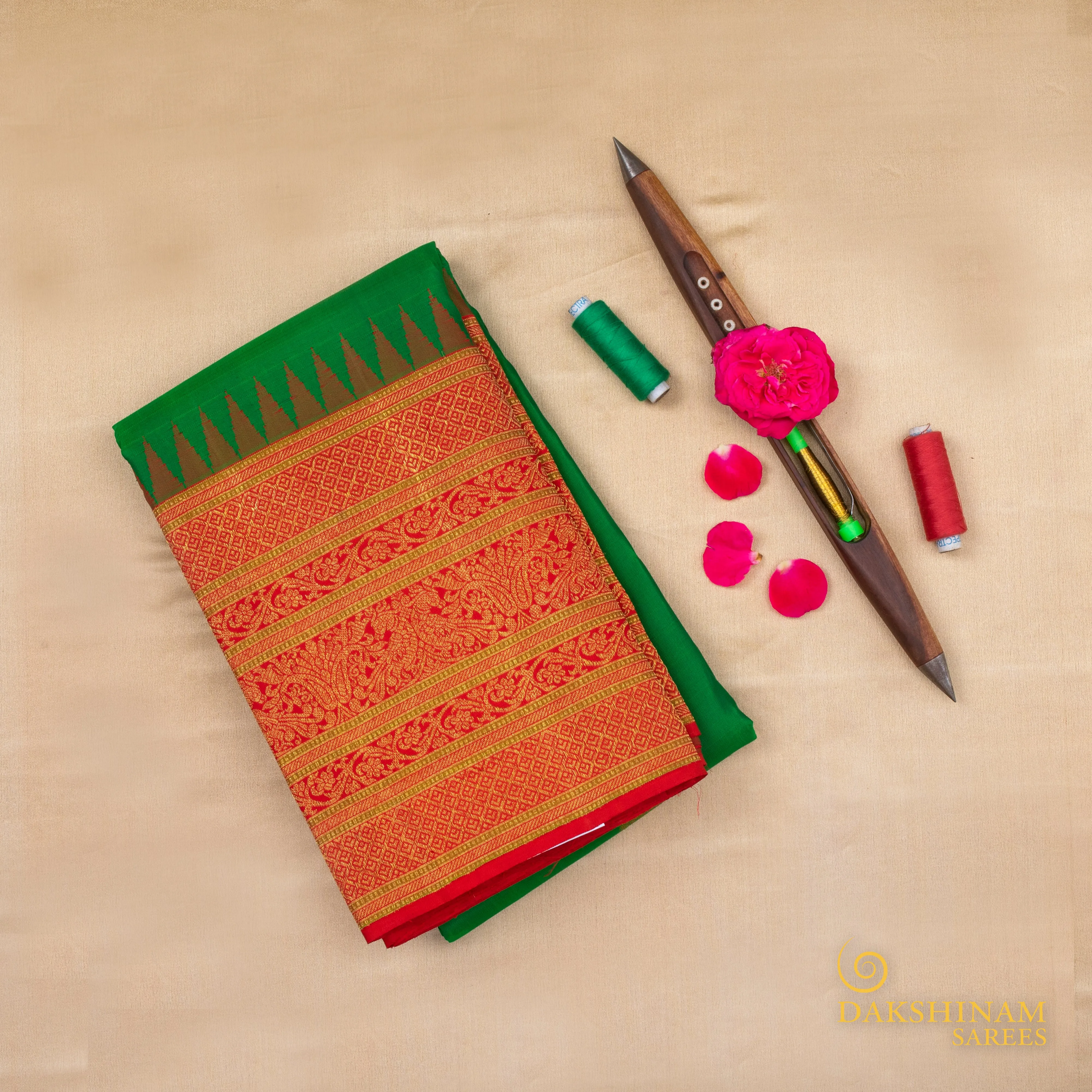 Handwoven Green with Red Kanjivaram Silk Saree - 573T001479DSC