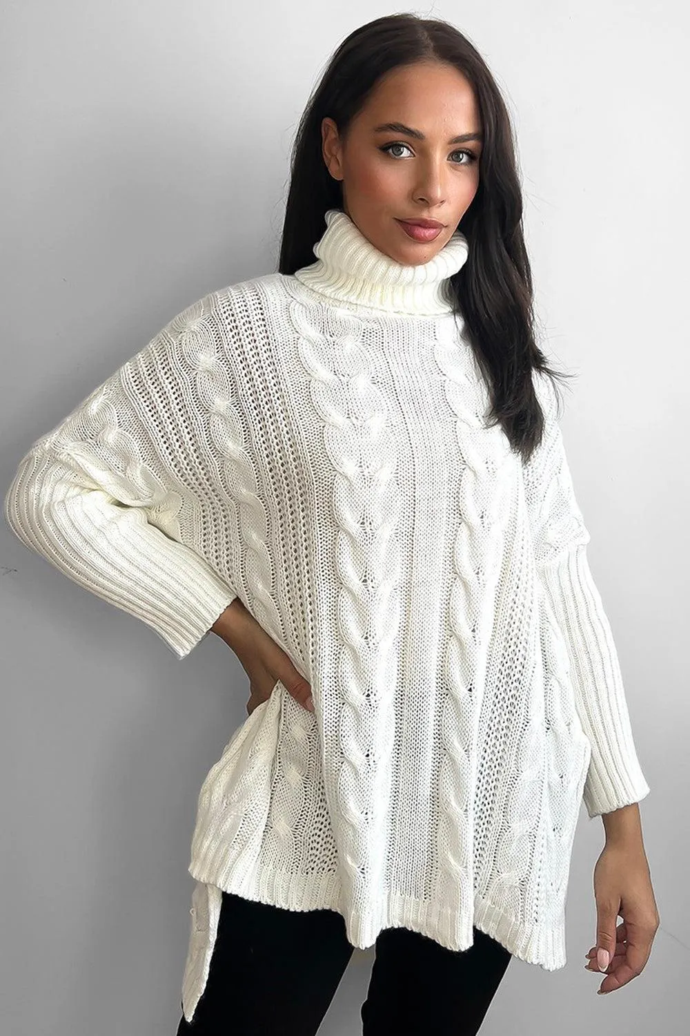 High Rolled Neck Braided Details Hi Low Pullover