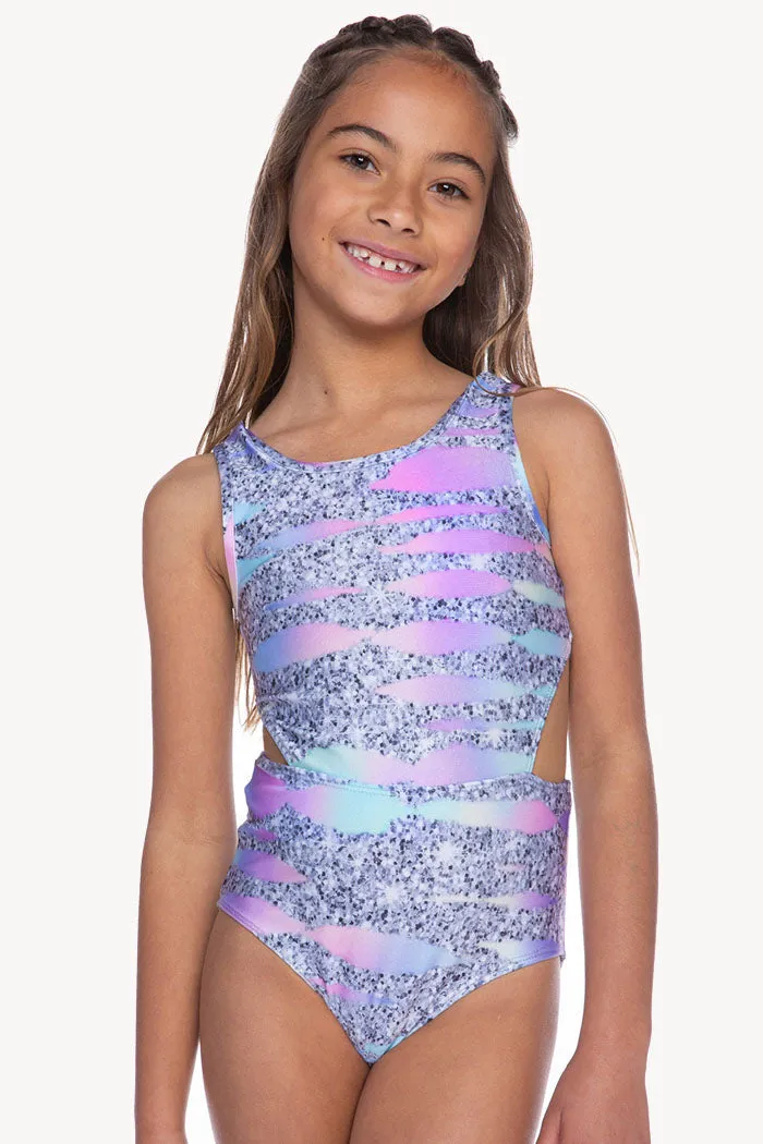 High Shine Cutout One Piece Swimsuit - Glitter Hologram Tie Dye