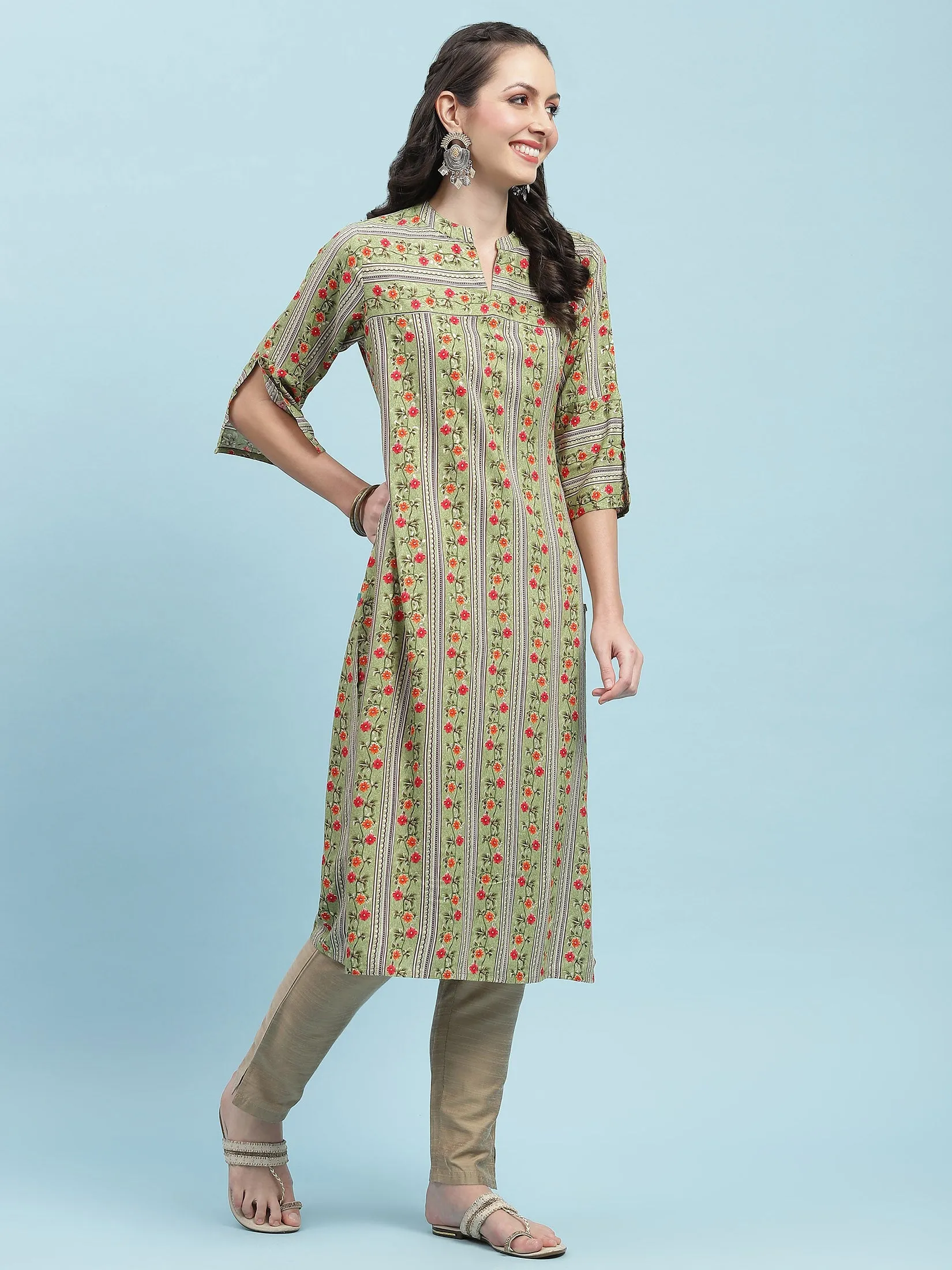 Indiessence Green Floral Printed Kurta