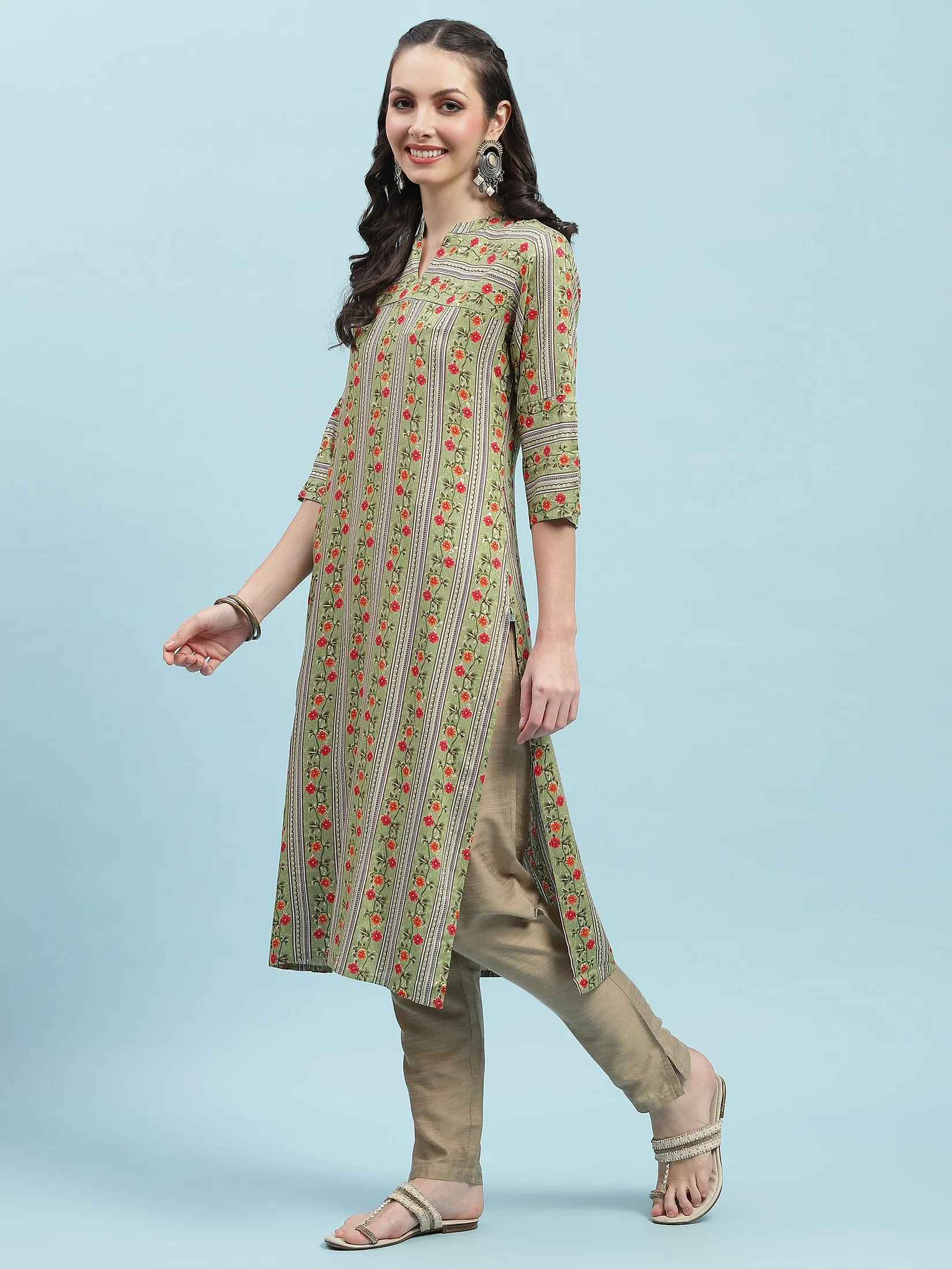 Indiessence Green Floral Printed Kurta