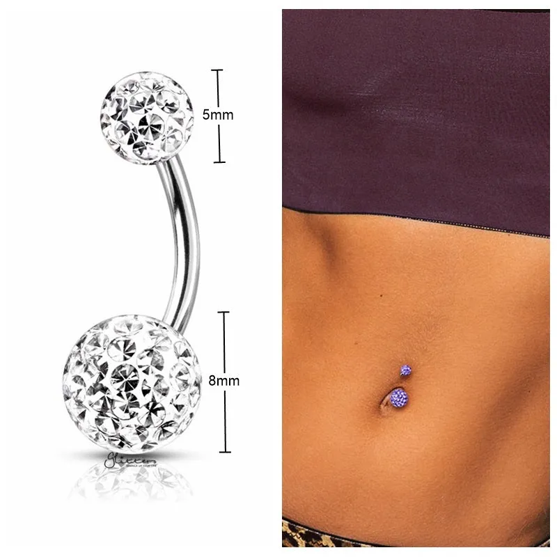 Internally Threaded Belly Button Ring with Epoxy Covered Crystal Paved Balls - Clear