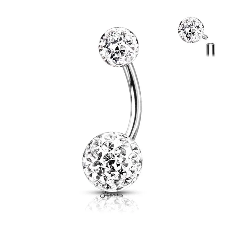 Internally Threaded Belly Button Ring with Epoxy Covered Crystal Paved Balls - Clear