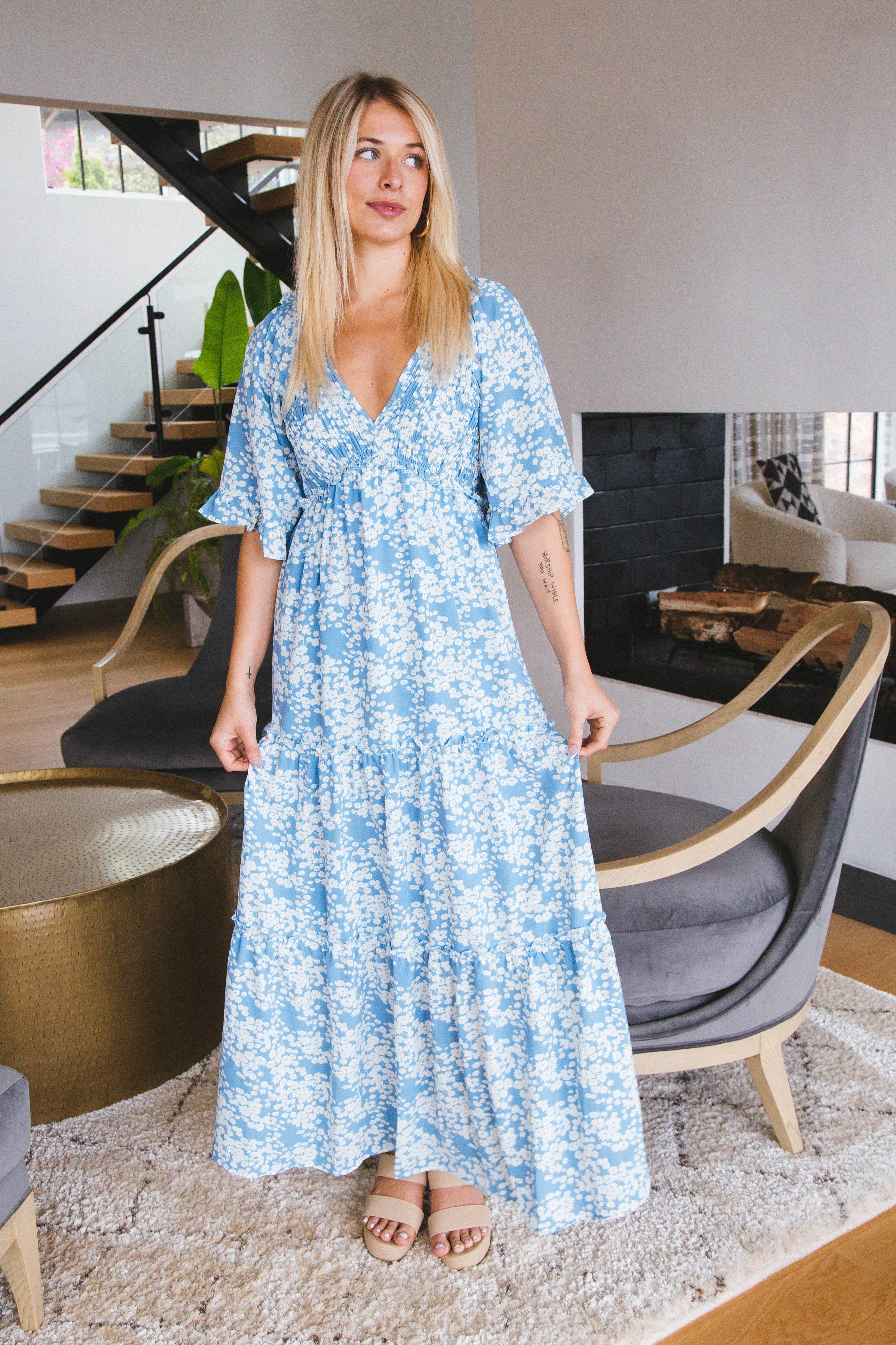 Jordyn Flutter Sleeve Maxi Dress, Blue