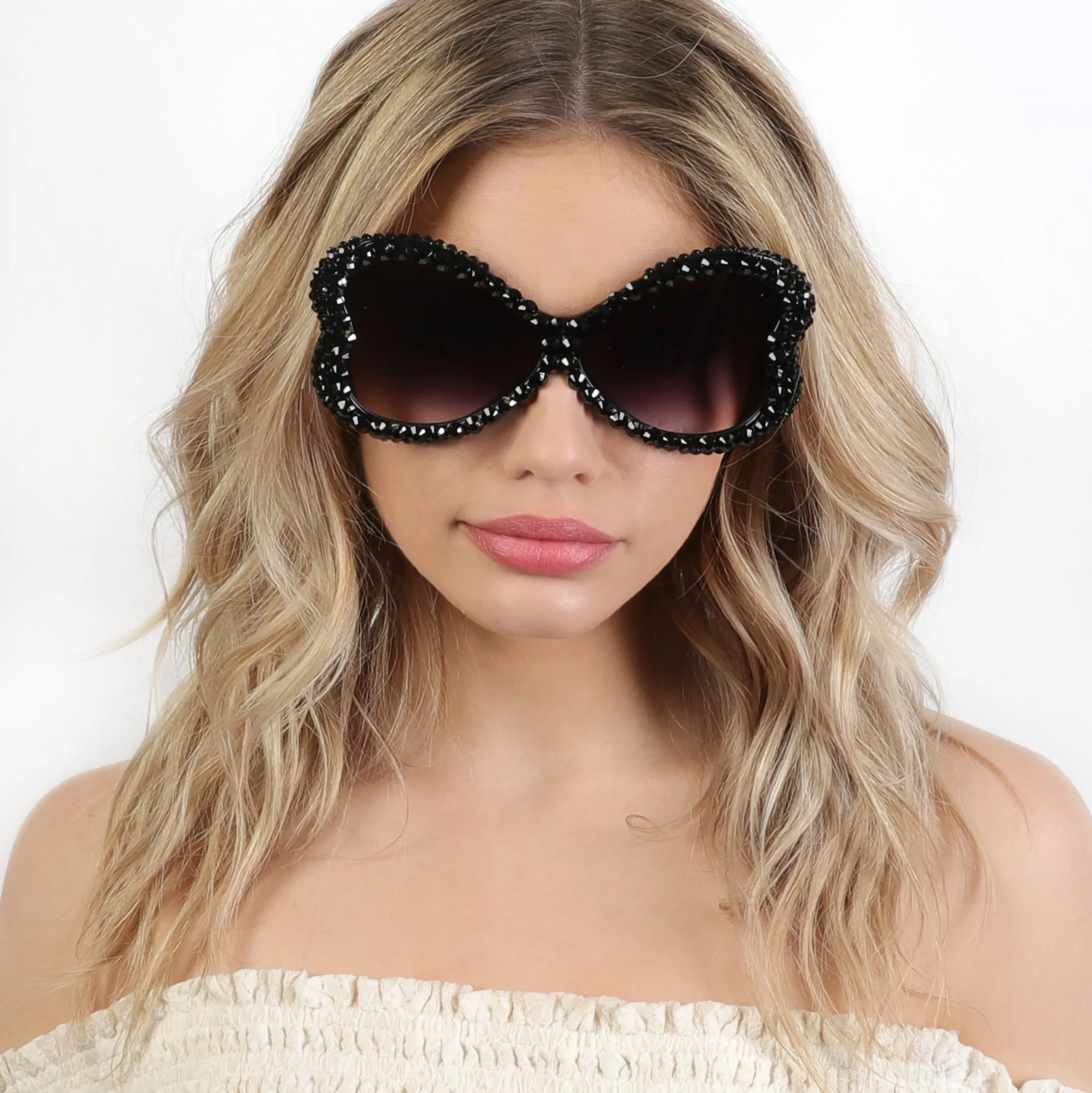 Kinley Butterfly Wing Oversized Rhinestone Sunglasses