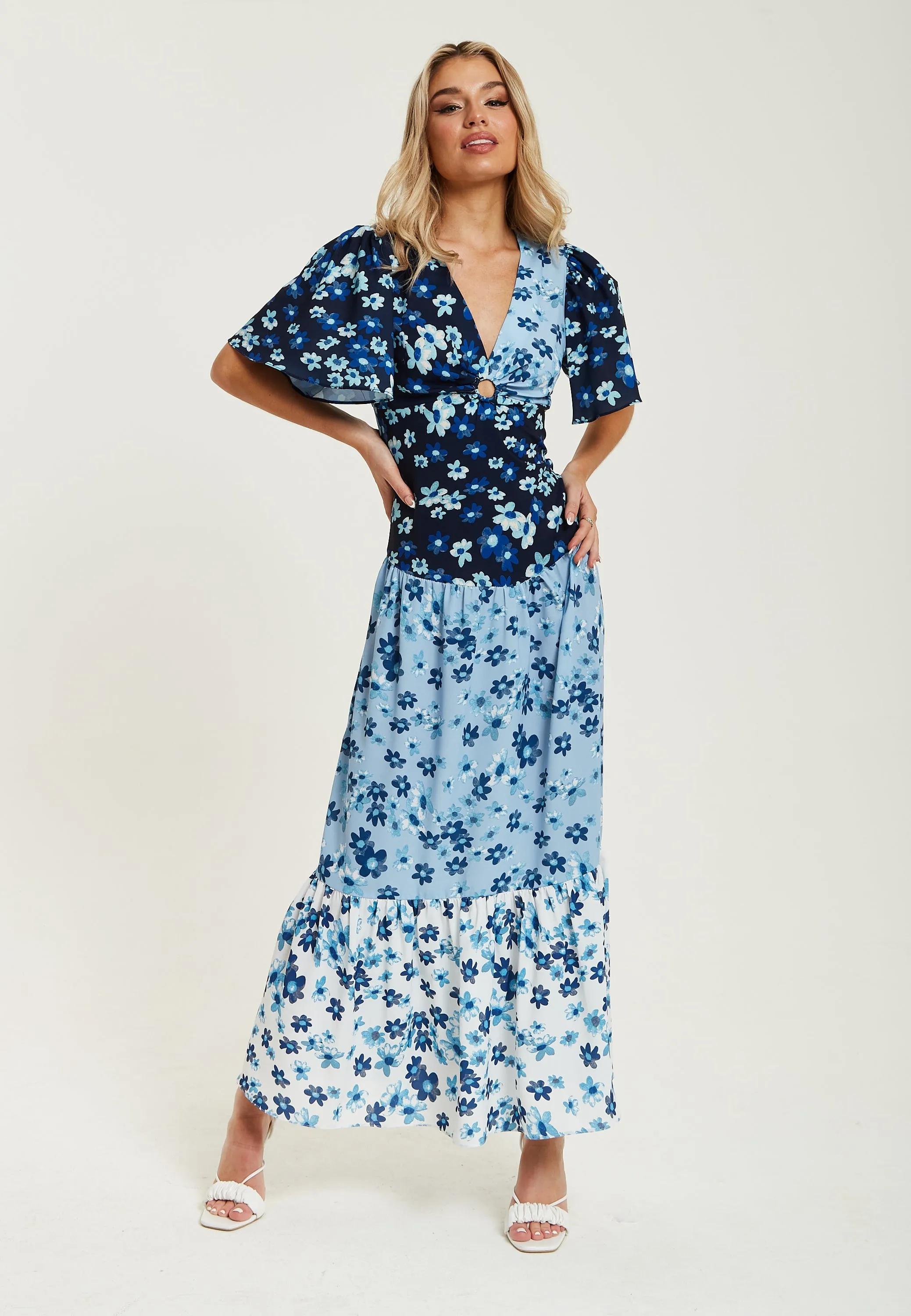 Liquorish Floral Print Midi Dress In Blue Navy And White