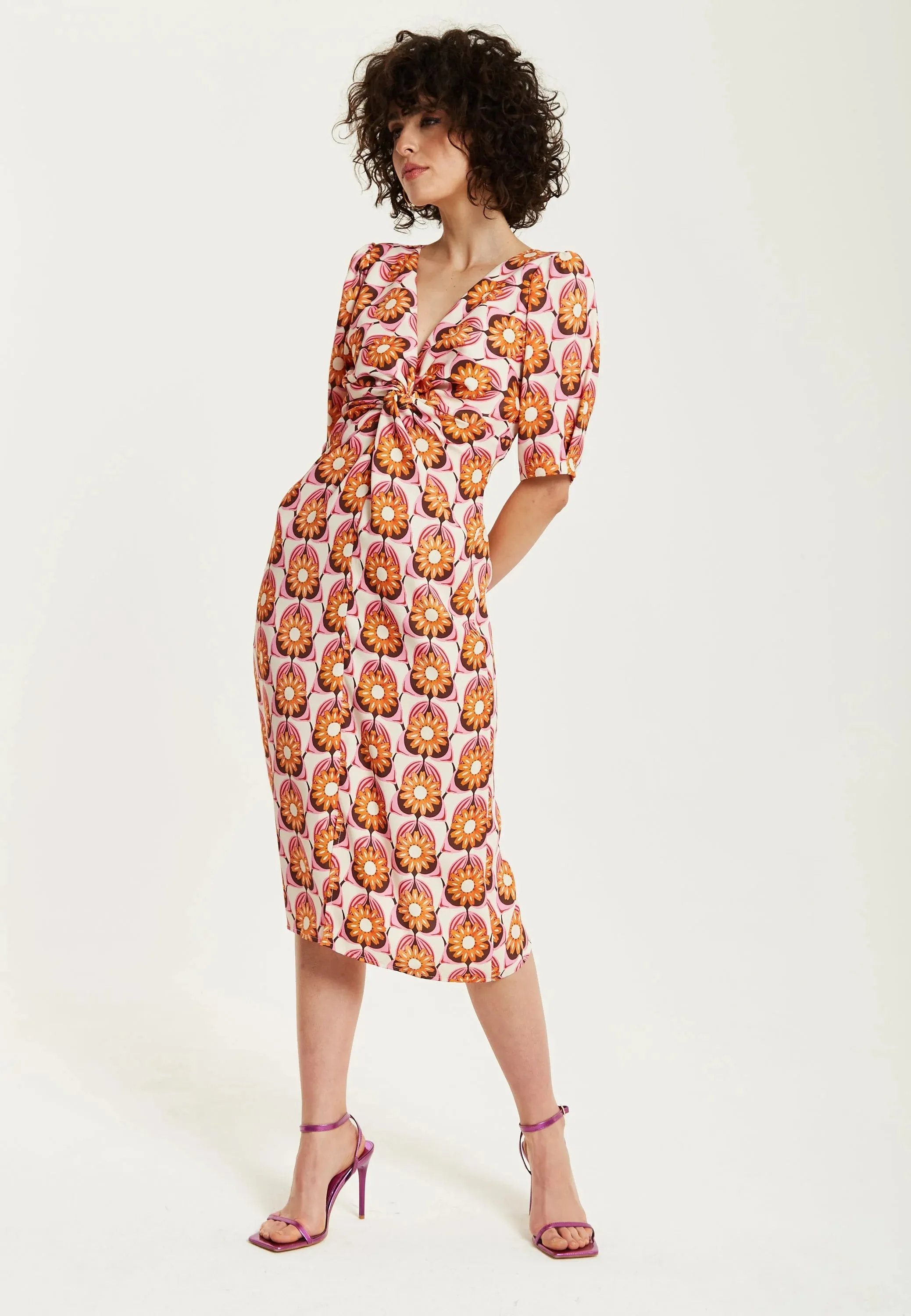 Liquorish Orange Floral Knot Front Midi Dress