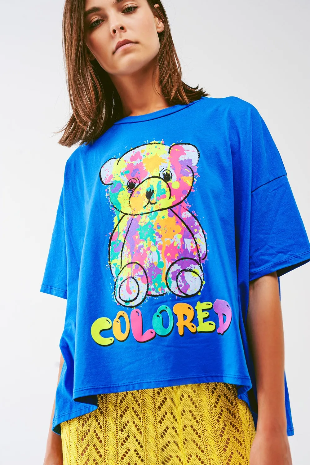 Loose-Fitting Blue T-Shirt with Colored Bear