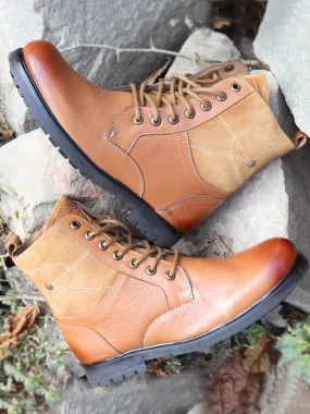 Men Tan Leather Lace Up High Top Boots