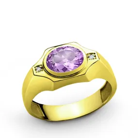 Men's Ring with Purple Amethyst and Diamonds in 14k Yellow Gold