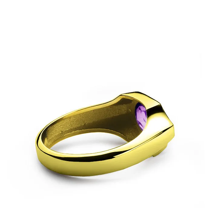 Men's Ring with Purple Amethyst and Diamonds in 14k Yellow Gold