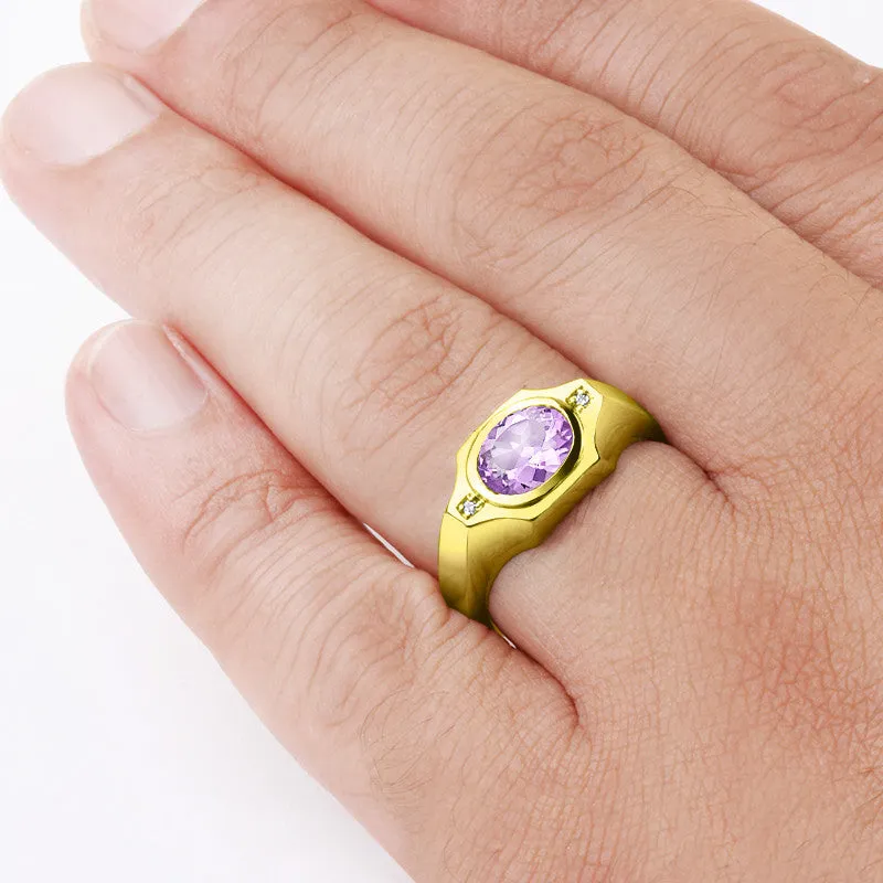 Men's Ring with Purple Amethyst and Diamonds in 14k Yellow Gold