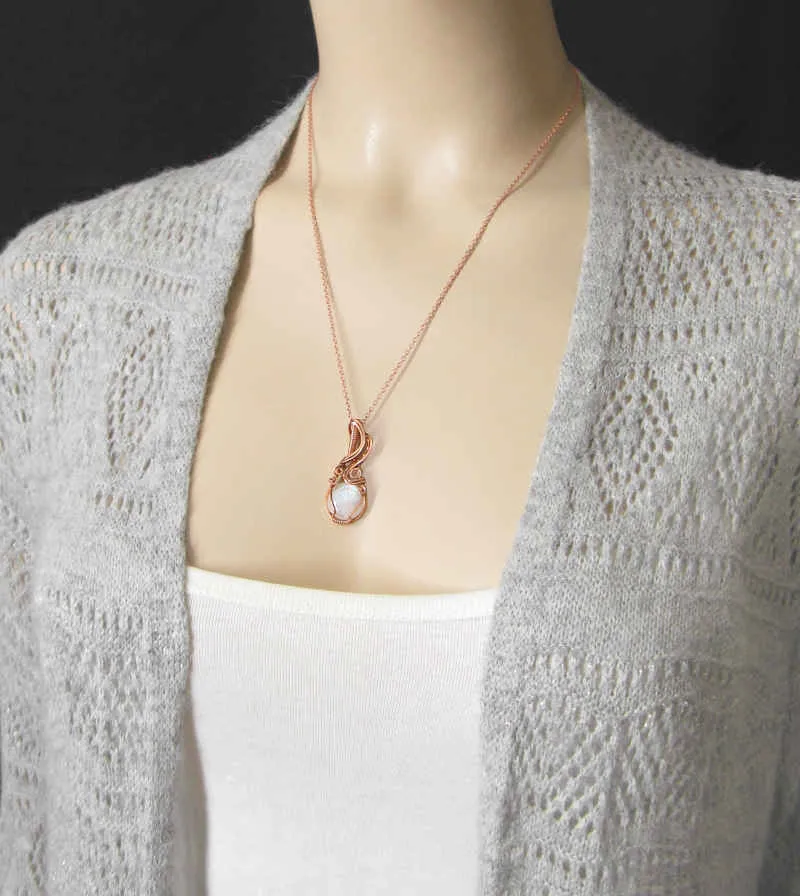 Natural Moonstone Wire-wrapped Cabochon Pendant Necklace - Handmade