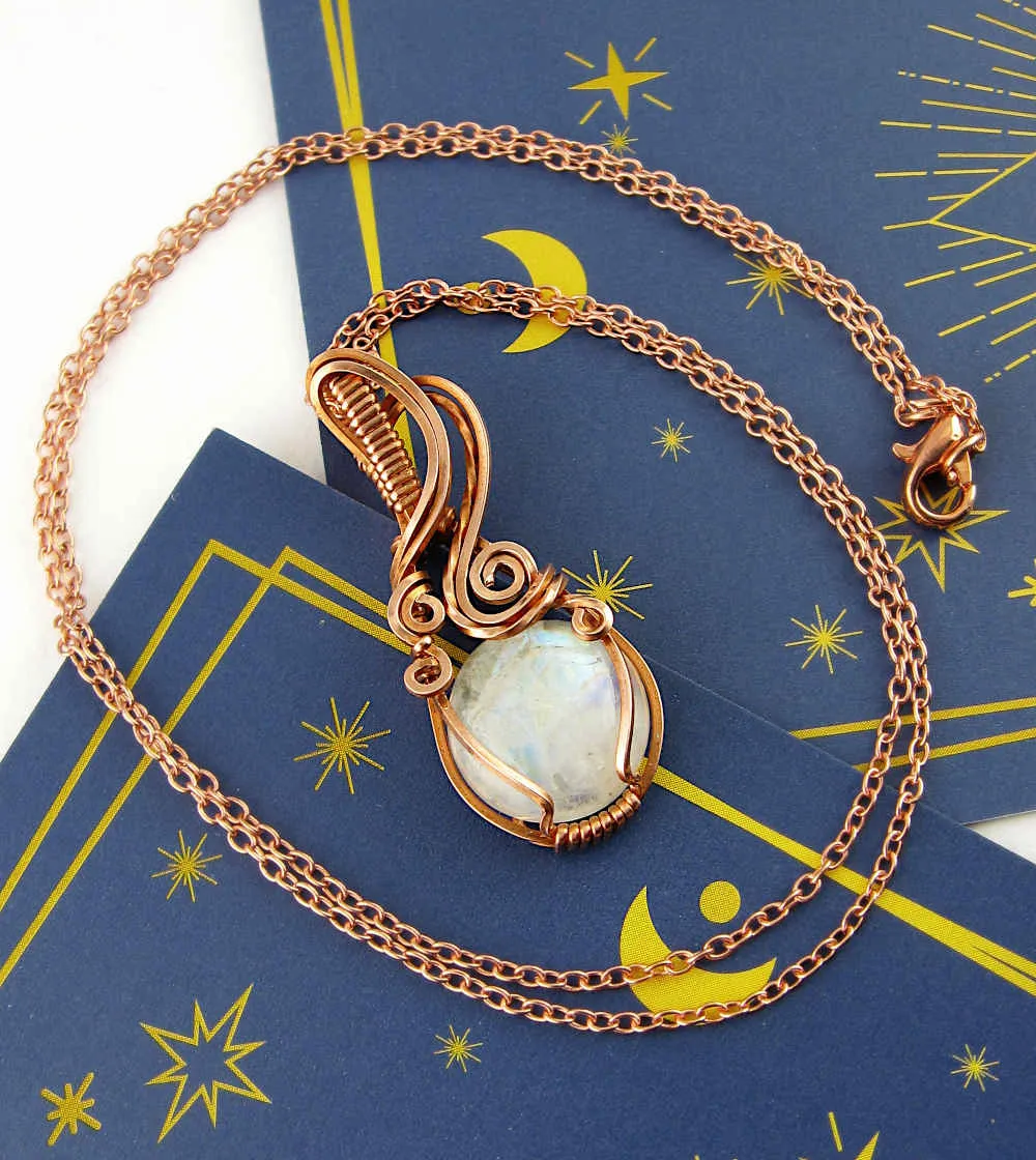 Natural Moonstone Wire-wrapped Cabochon Pendant Necklace - Handmade