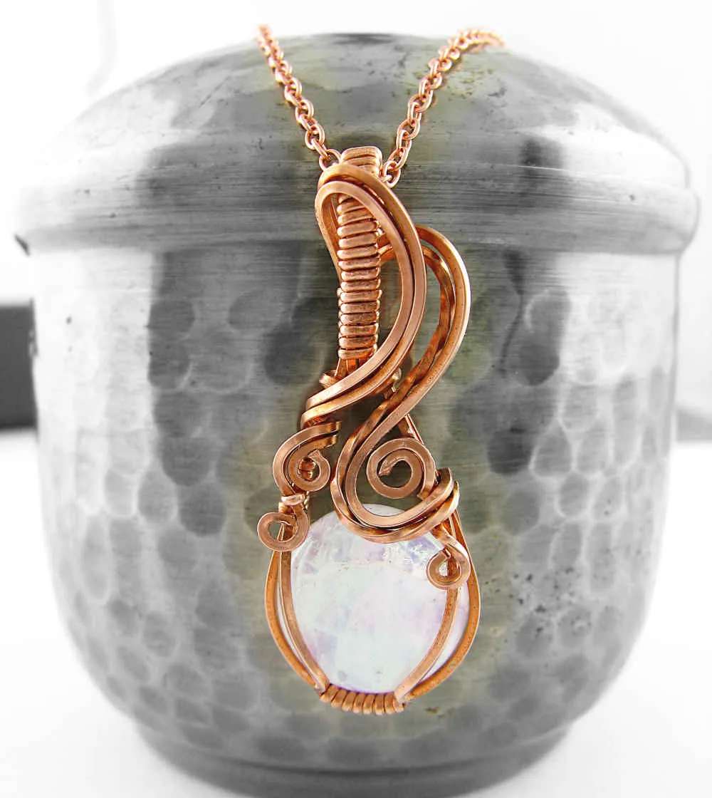 Natural Moonstone Wire-wrapped Cabochon Pendant Necklace - Handmade