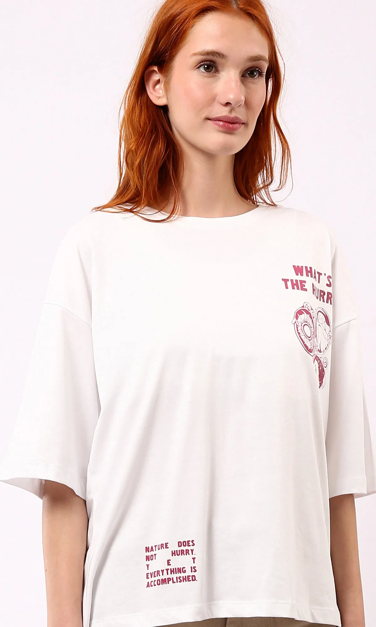 O178793 Crew Neck Printed White Loose Fit Cotton Tee