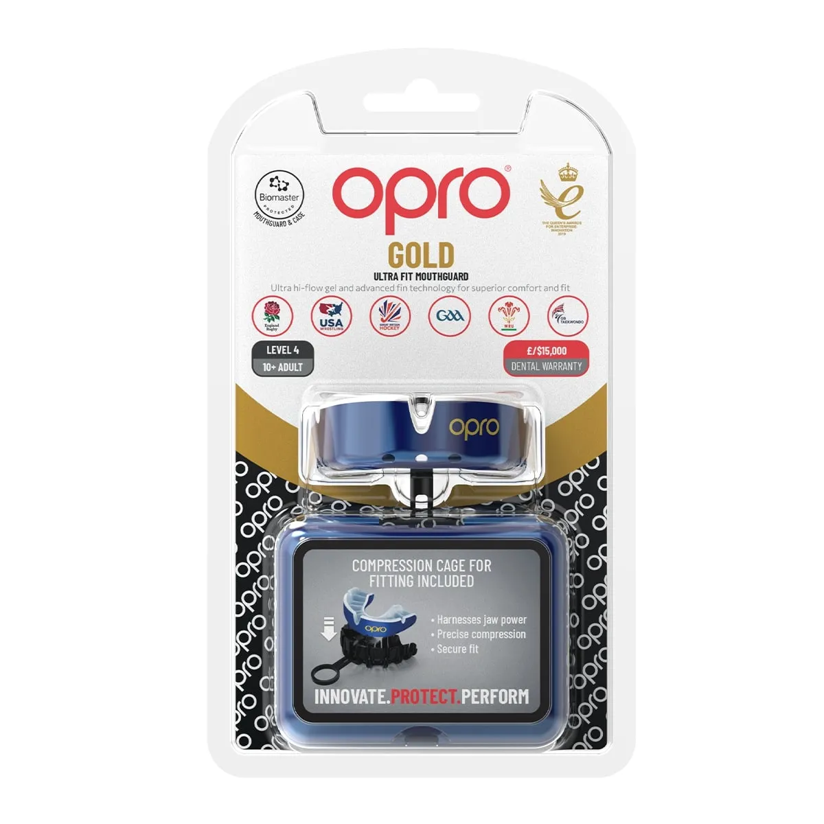 OPRO Self - Fit Adult Gold Mouthguard - Blue/Pearl