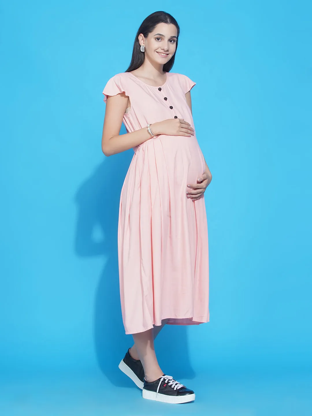 Pink A-Line Maternity and Nursing Dress