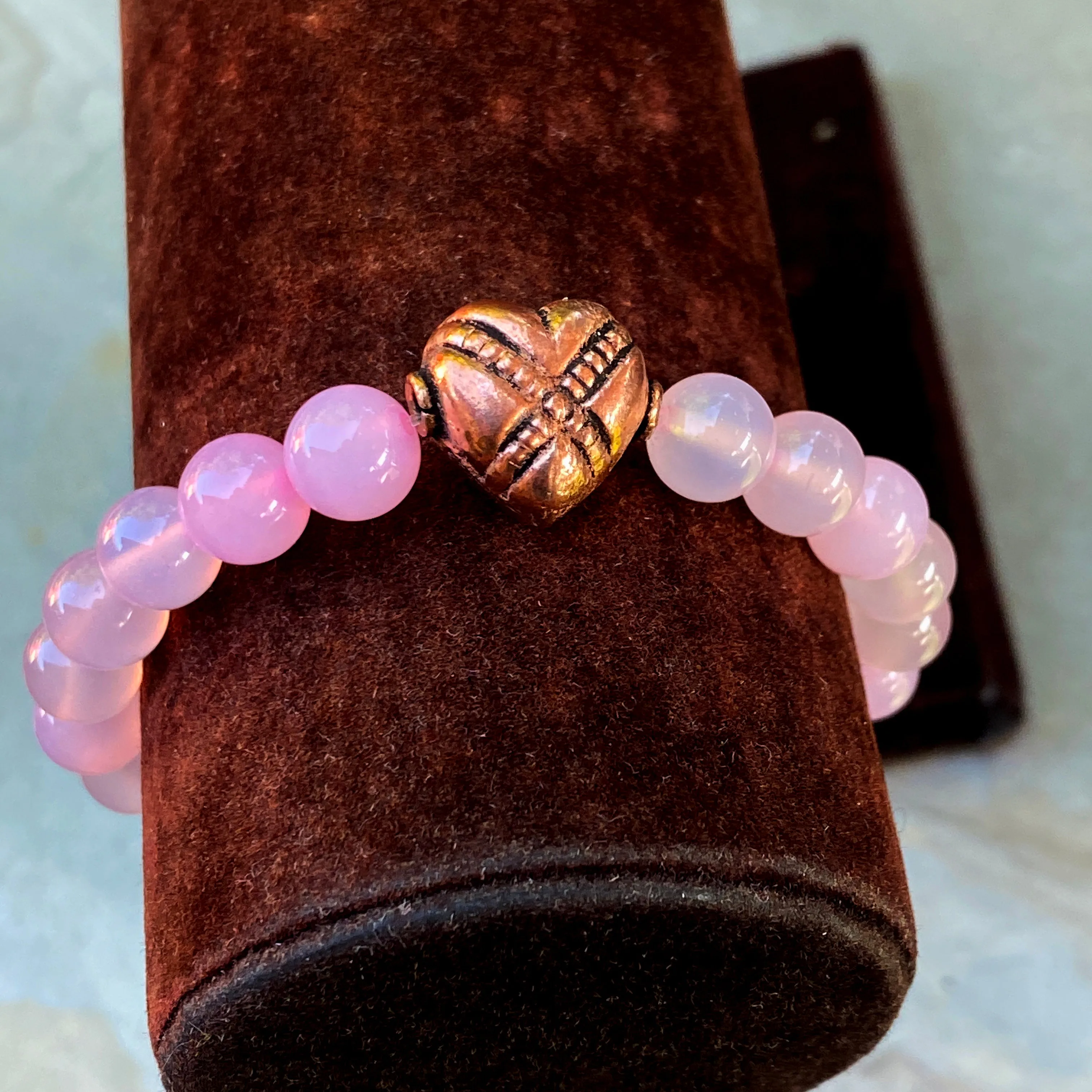 Pink agate and copper heart bracelet