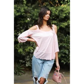 Pink Cold Shoulder Back Self-tie Detail Midi Sleeve Lettuce Edge Top