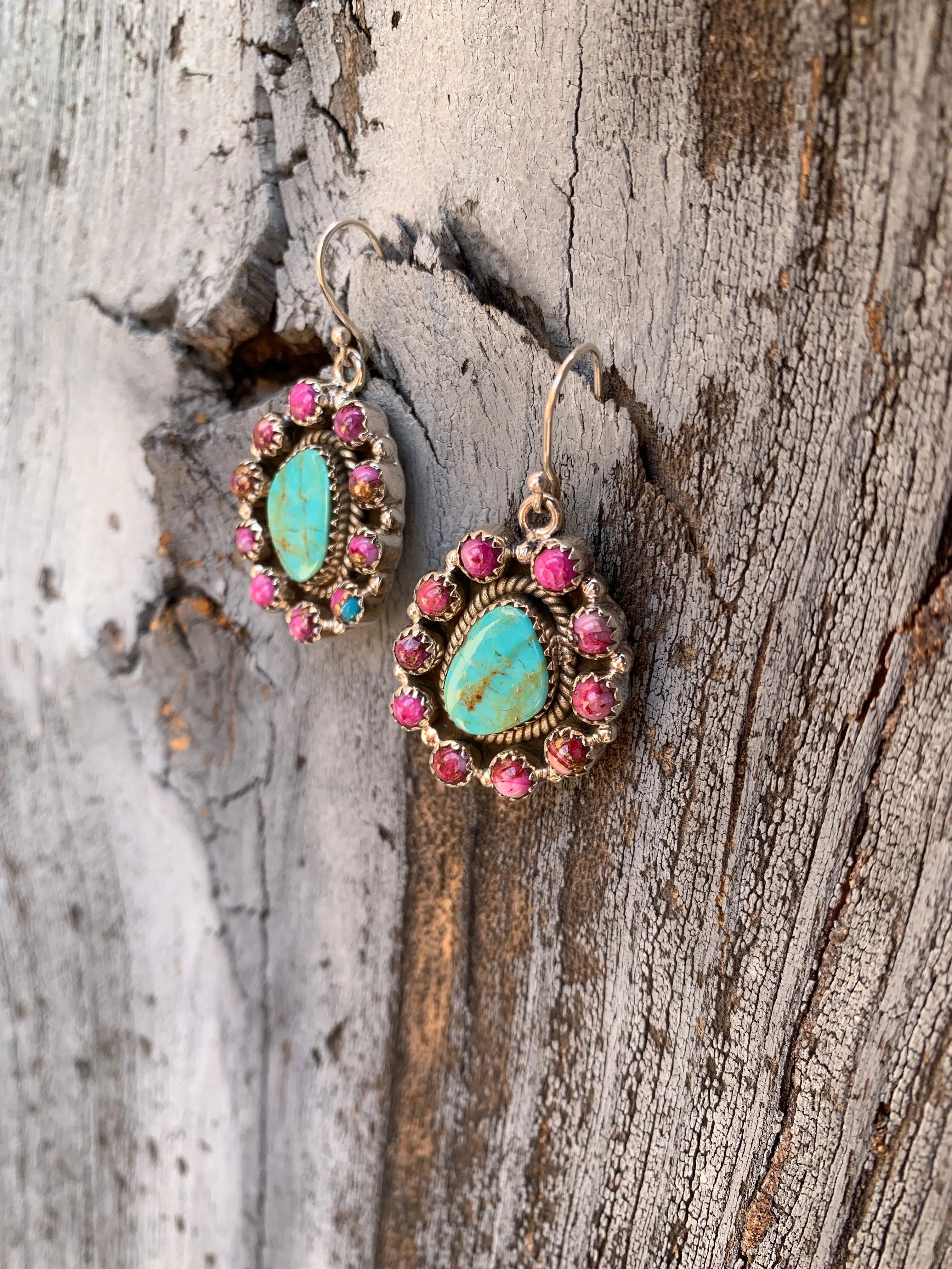 Pink Dahlia & Turquoise Cluster earrings