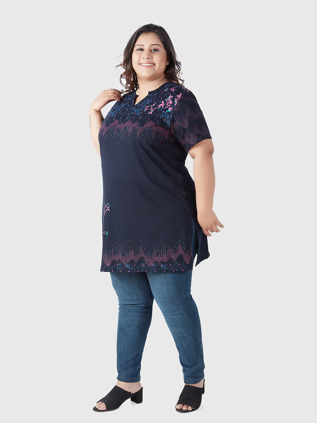 Plus Size Printed Long Tops For Women Half Sleeves T-shirts - Navy Blue