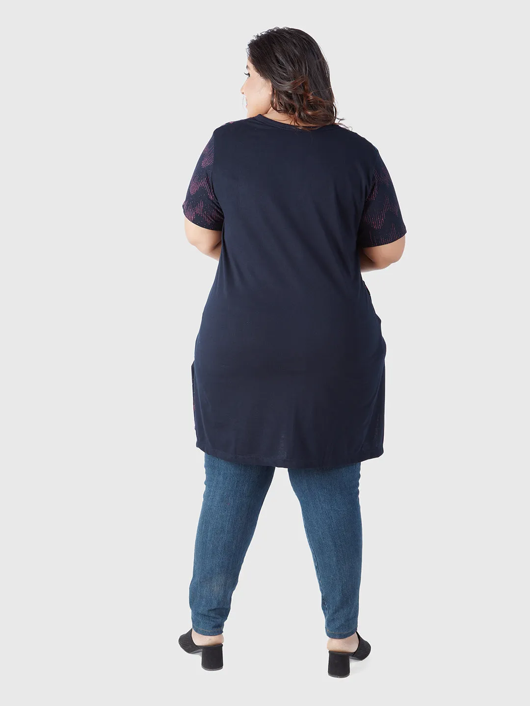 Plus Size Printed Long Tops For Women Half Sleeves T-shirts - Navy Blue