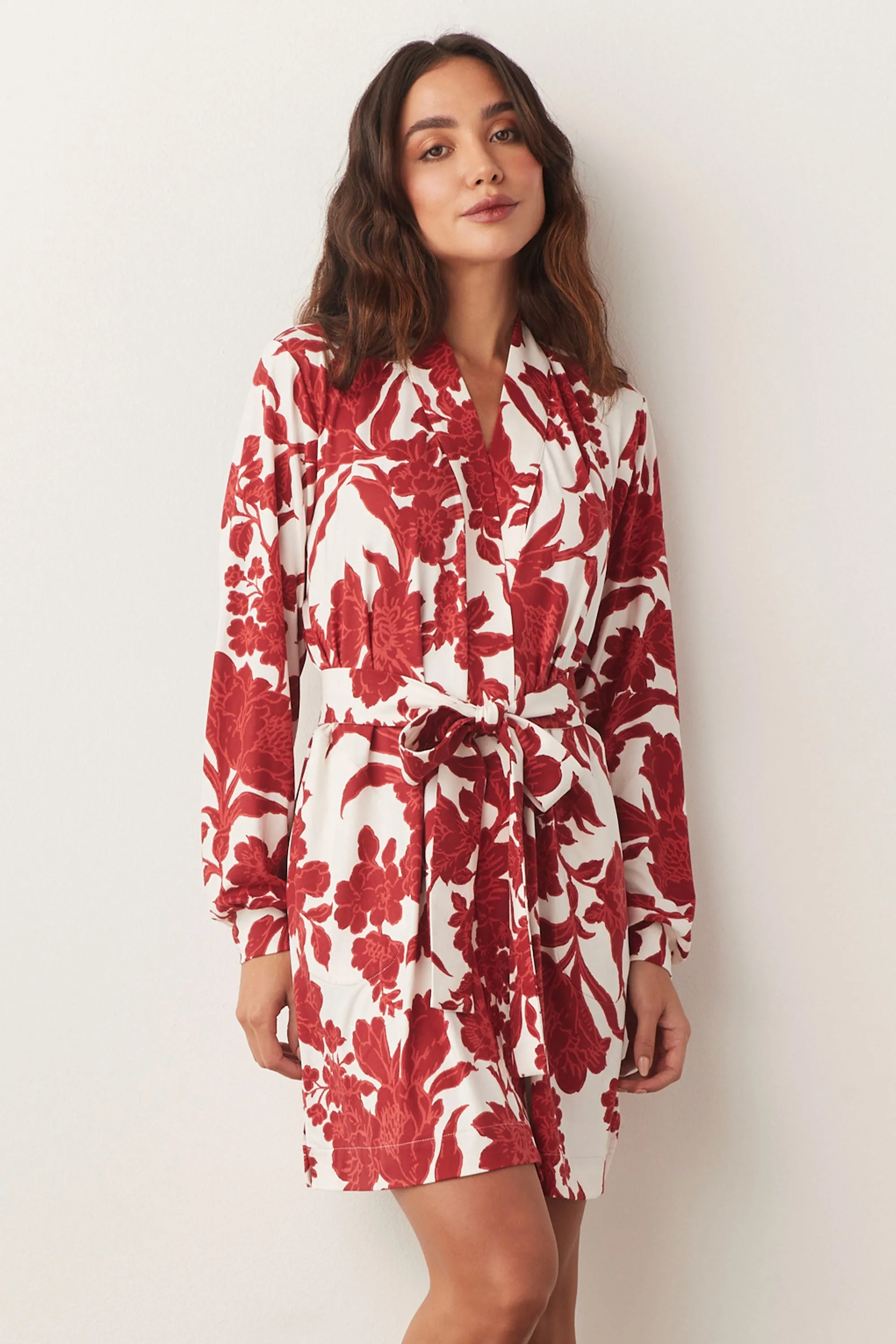 Quinn Banded Short Robe | Scarlet Floral